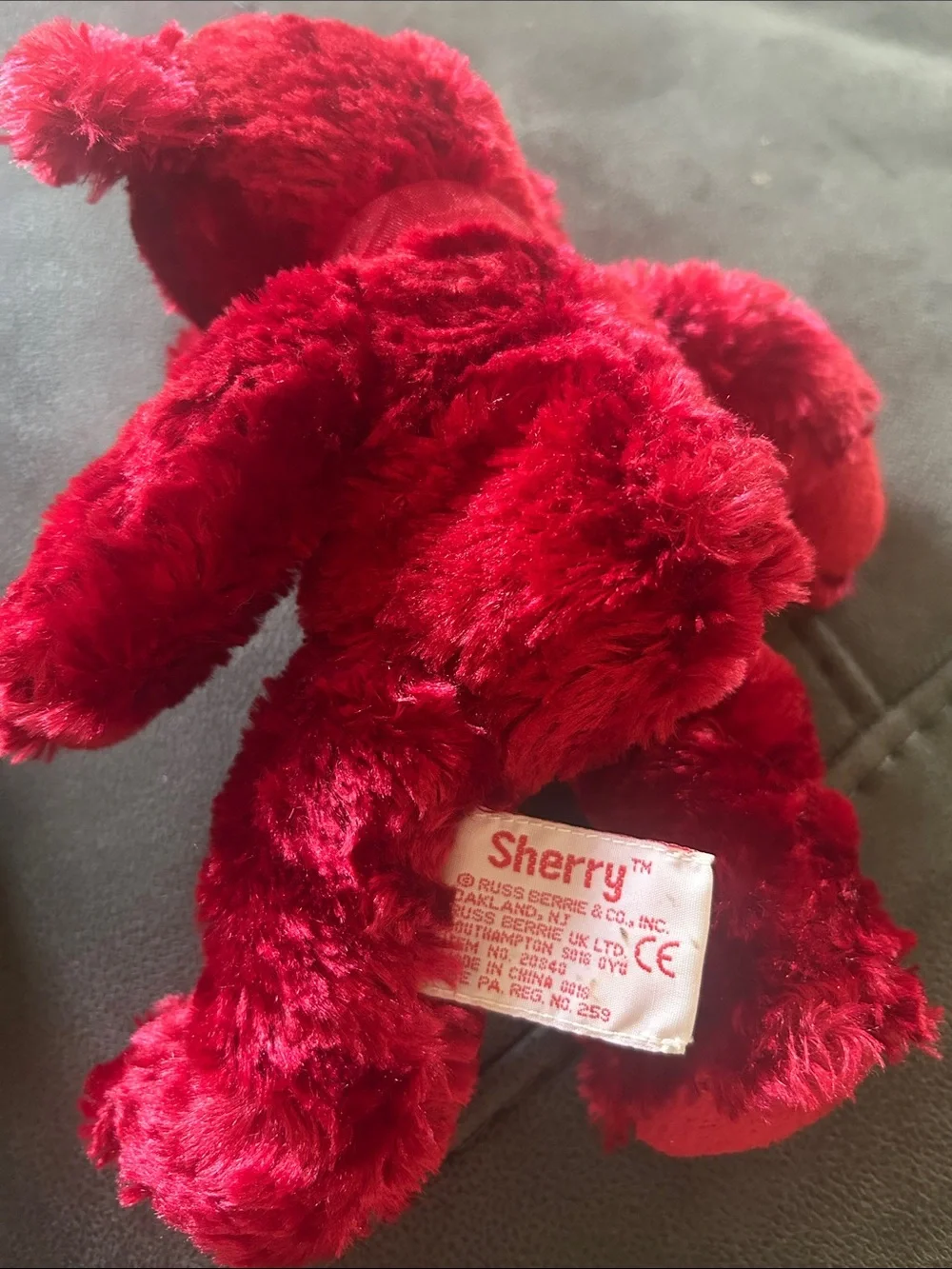 Vintage Russ Berry Plush Red Velvet Teddy Bear with Bow called the Sherry.